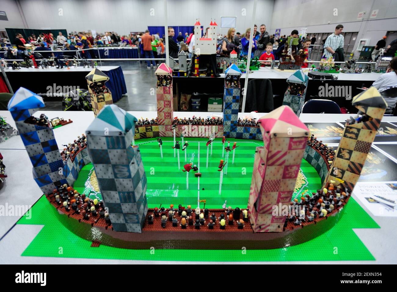 Lego figures play Quidditch in a Harry Potter realm on display at