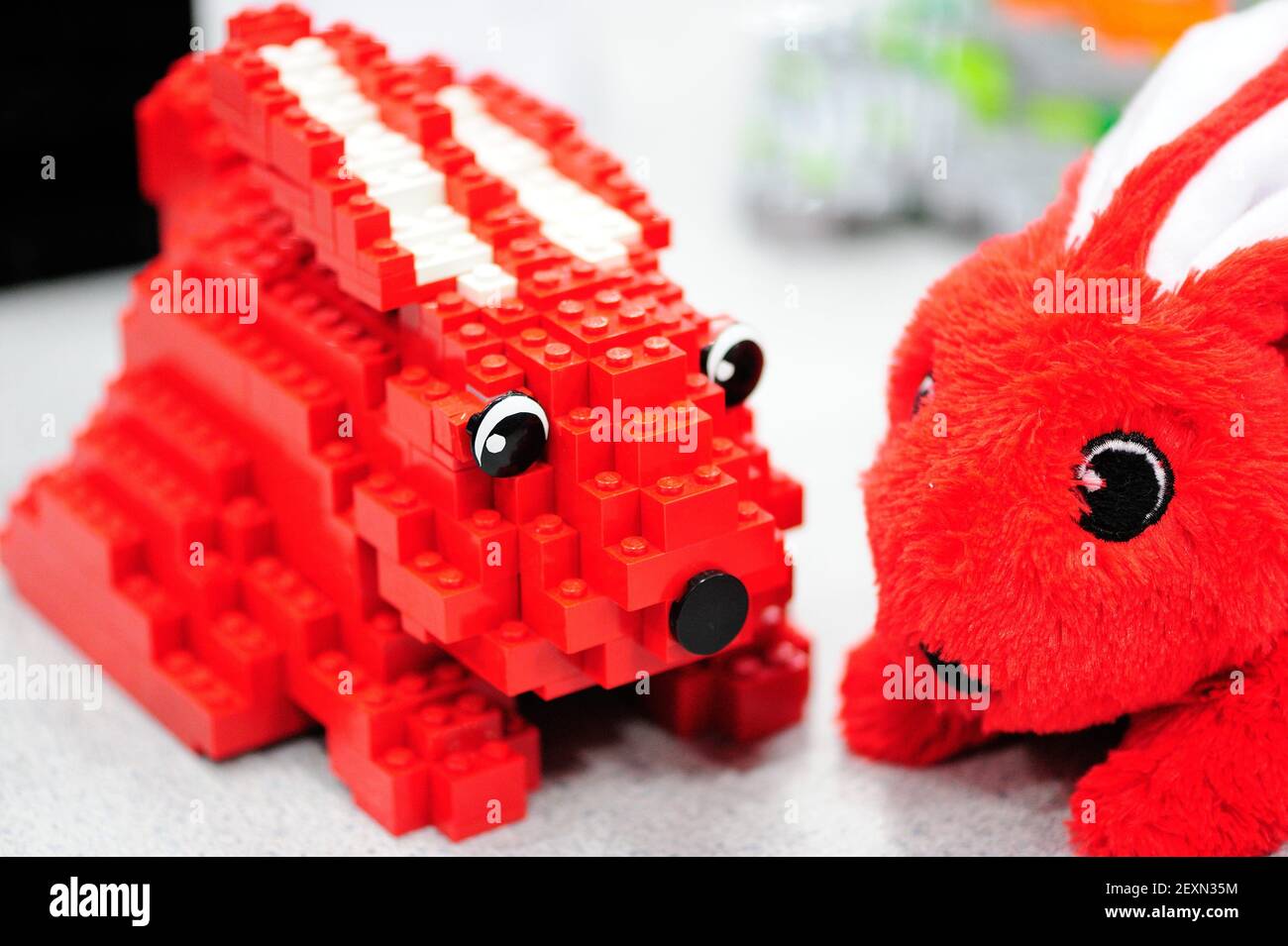 A red rabbit made from Lego Duplo on display at the Bricks Cascade  convention in Portland, Oregon. (Photo by: Alex Milan Tracy/Sipa USA Stock  Photo - Alamy