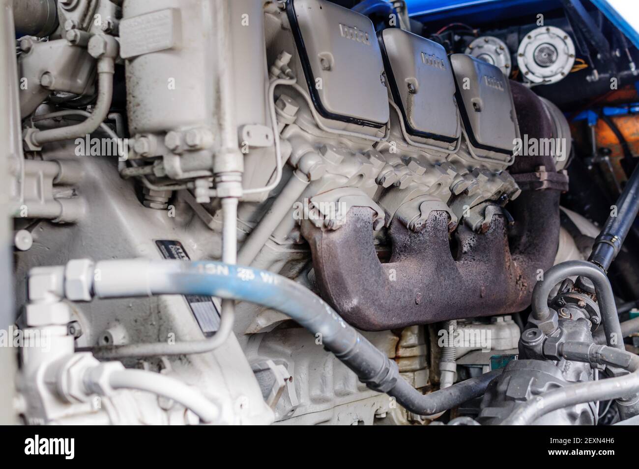 st.valentin, austria, 01 sep 2017, mtu engine of a vintage faun heavy load tractor opreted by felbermayr at an oldtimer truck meeting, meeting for vin Stock Photo