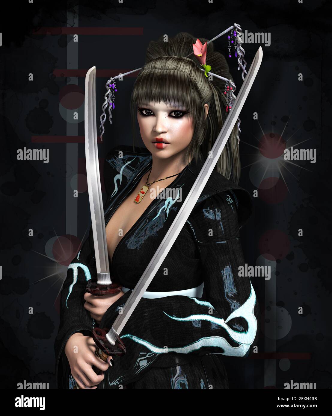 Warrior women series: lady samurai dressed with sexy black suit and holding two steel swords Stock Photo