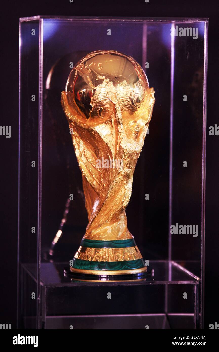 The FIFA World Cup Trophy at Stedelijk Museum in Amsterdam on 20 March 2014.  Together wint the plane the cup for the winner of the World Cup in Brazil  2014 is in