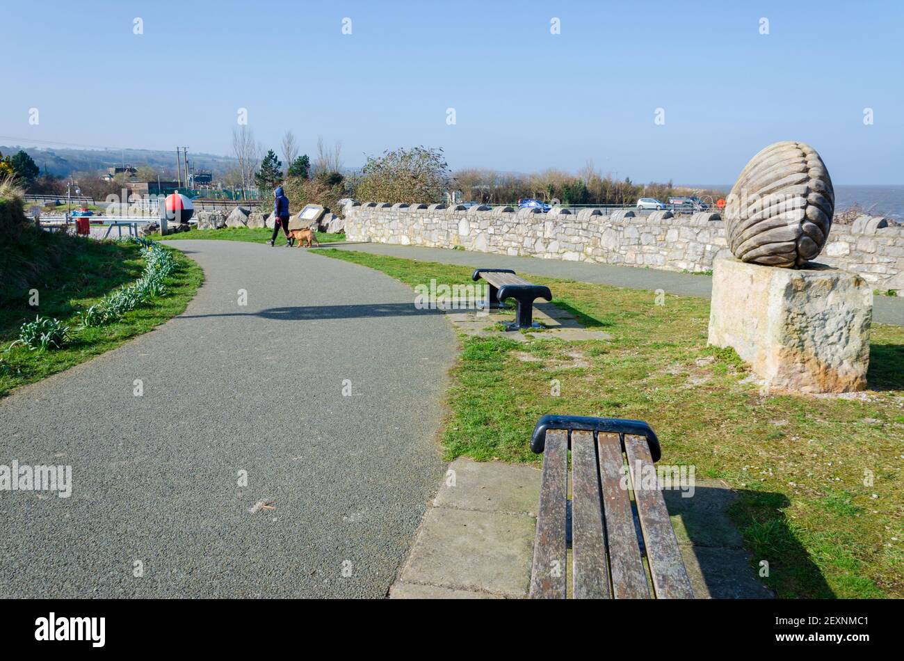 Greenfield, Flintshire, UK Mar 2, 2021 Public sculpture and seating areas to enjoy the view