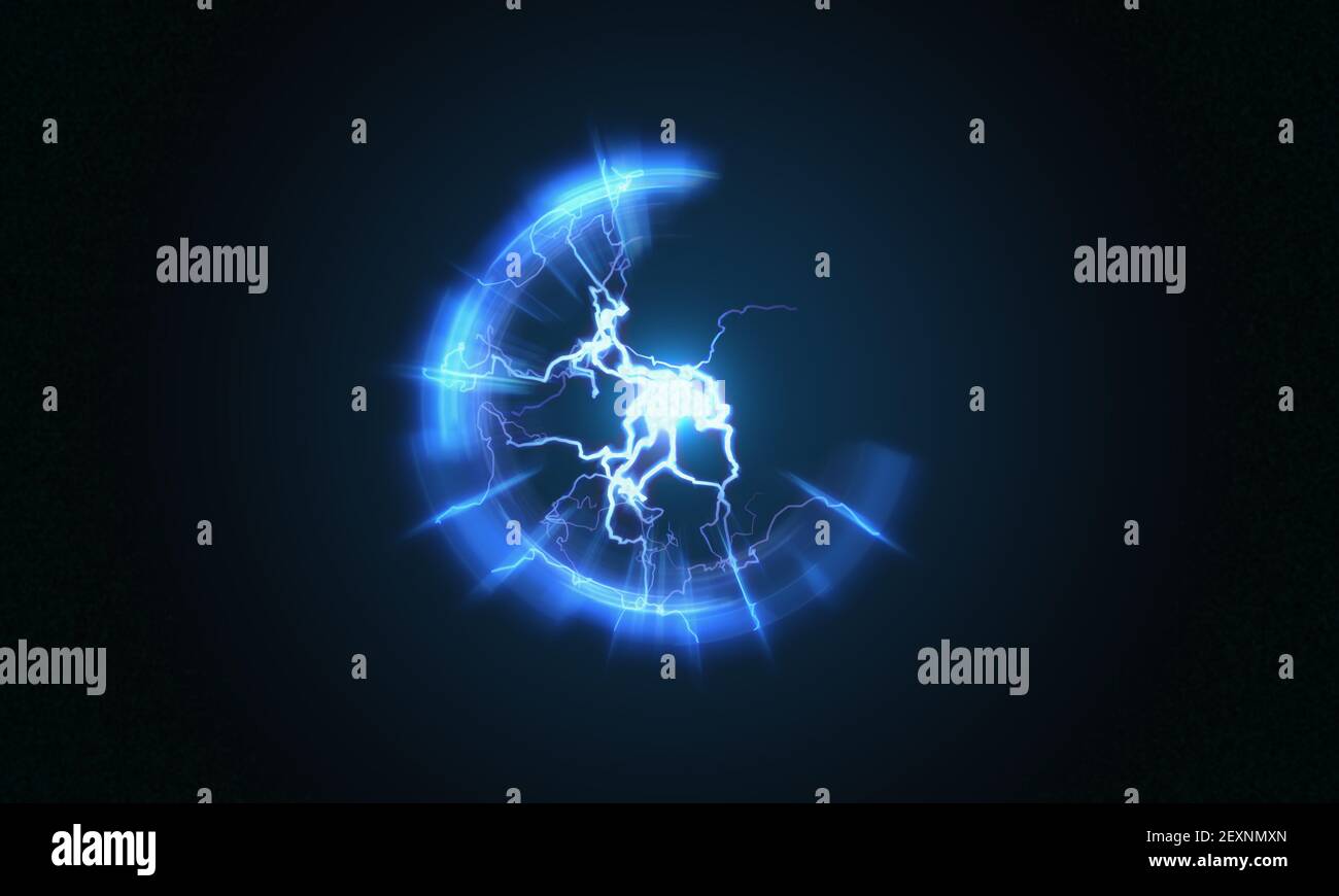Lightning and bright light in energy ball with spherical plasma radiating electric rays. 3D rendered illustration. Stock Photo