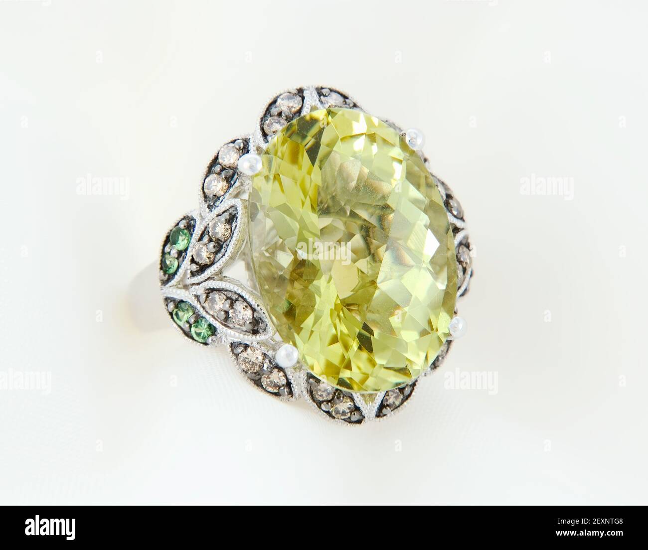 White Gold Ring With Lemon Quartz And Diamonds Stock Photo