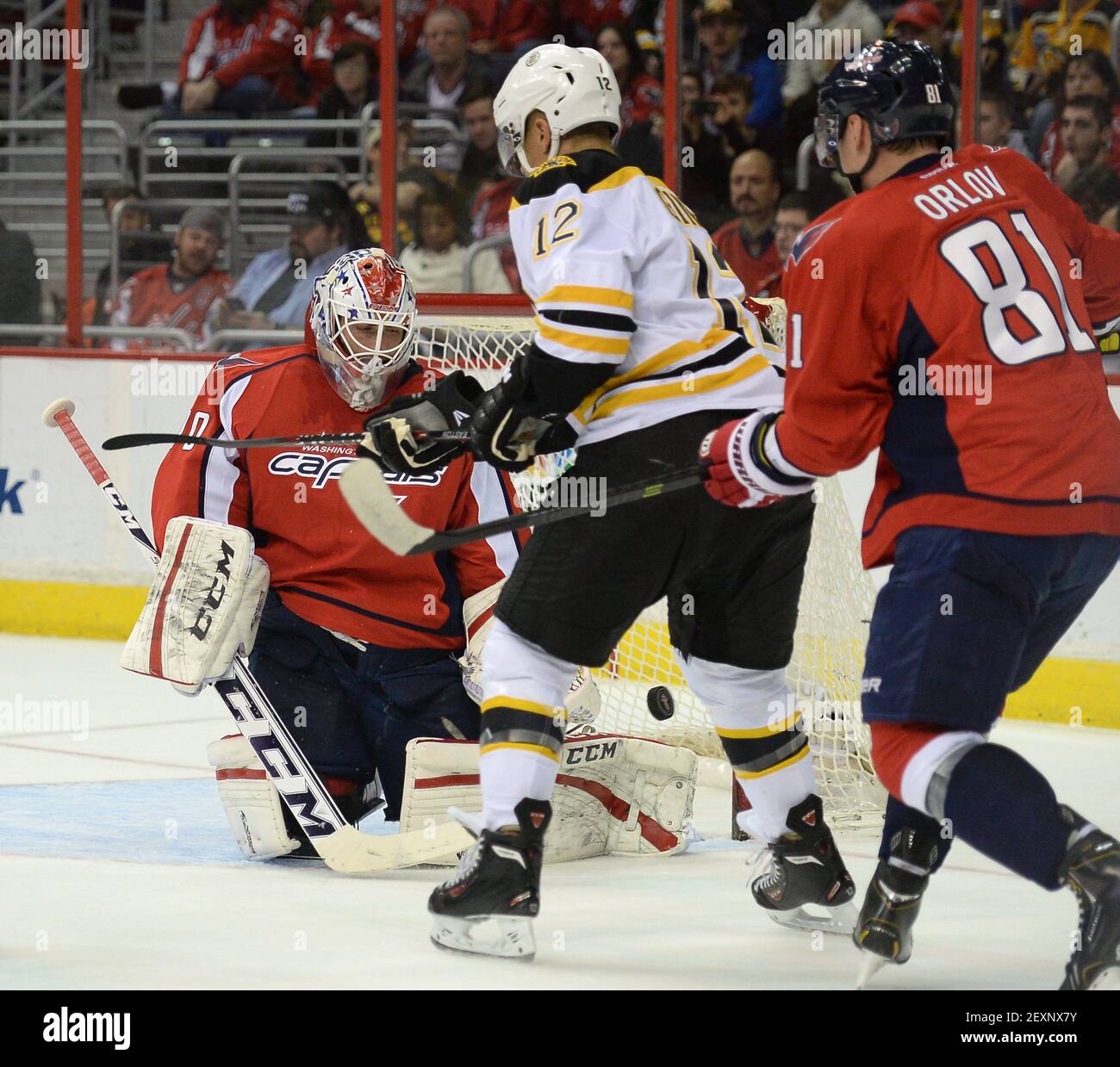Washington Capitals goalie Braden Holtby (70) makes a save as Boston