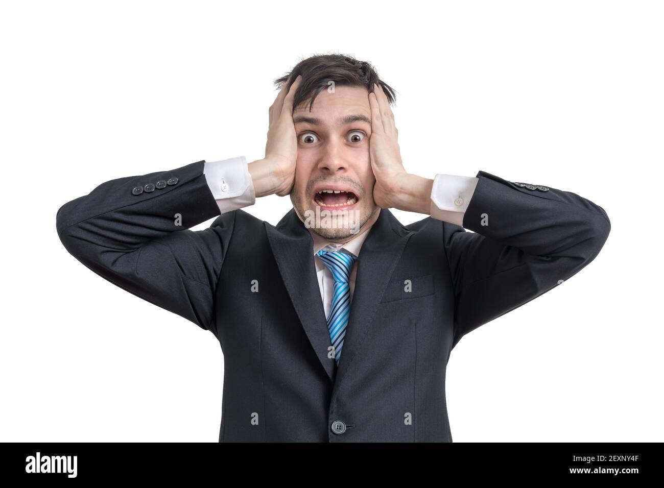 Stressed funny young businessman is holding his head. Isolated on white background. Stock Photo