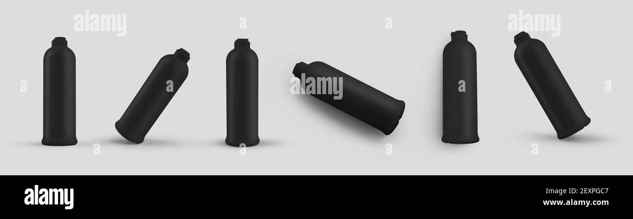 Set of templates of black plastic bottles with flip top cap, packaging for liquid detergent, soap, antiseptic, for design presentation. Mockup jars is Stock Photo