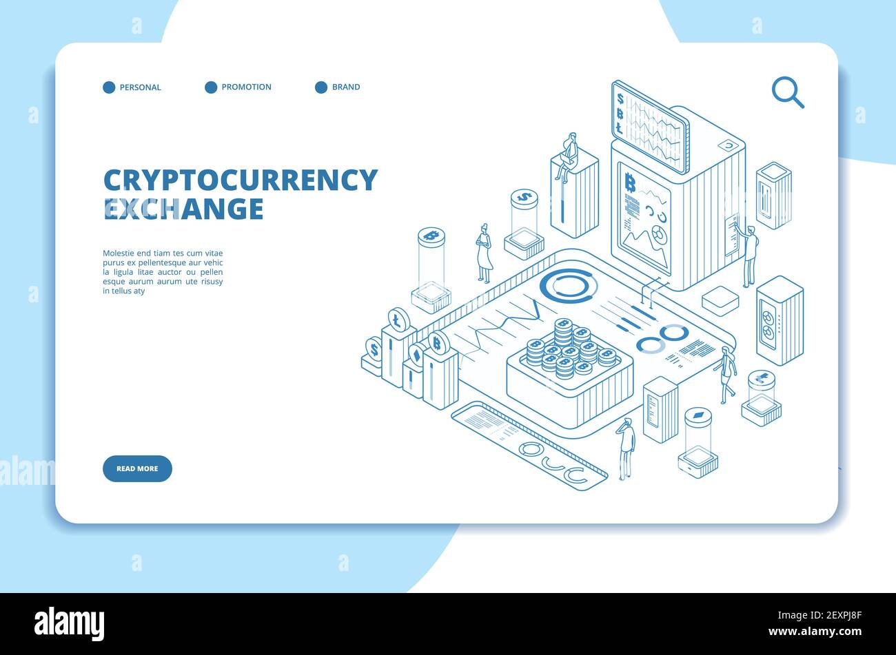 Cryptocurrency exchange isometric concept. Modern trade technology blockchain exchange. Digital crypto business vector landing page Stock Vector