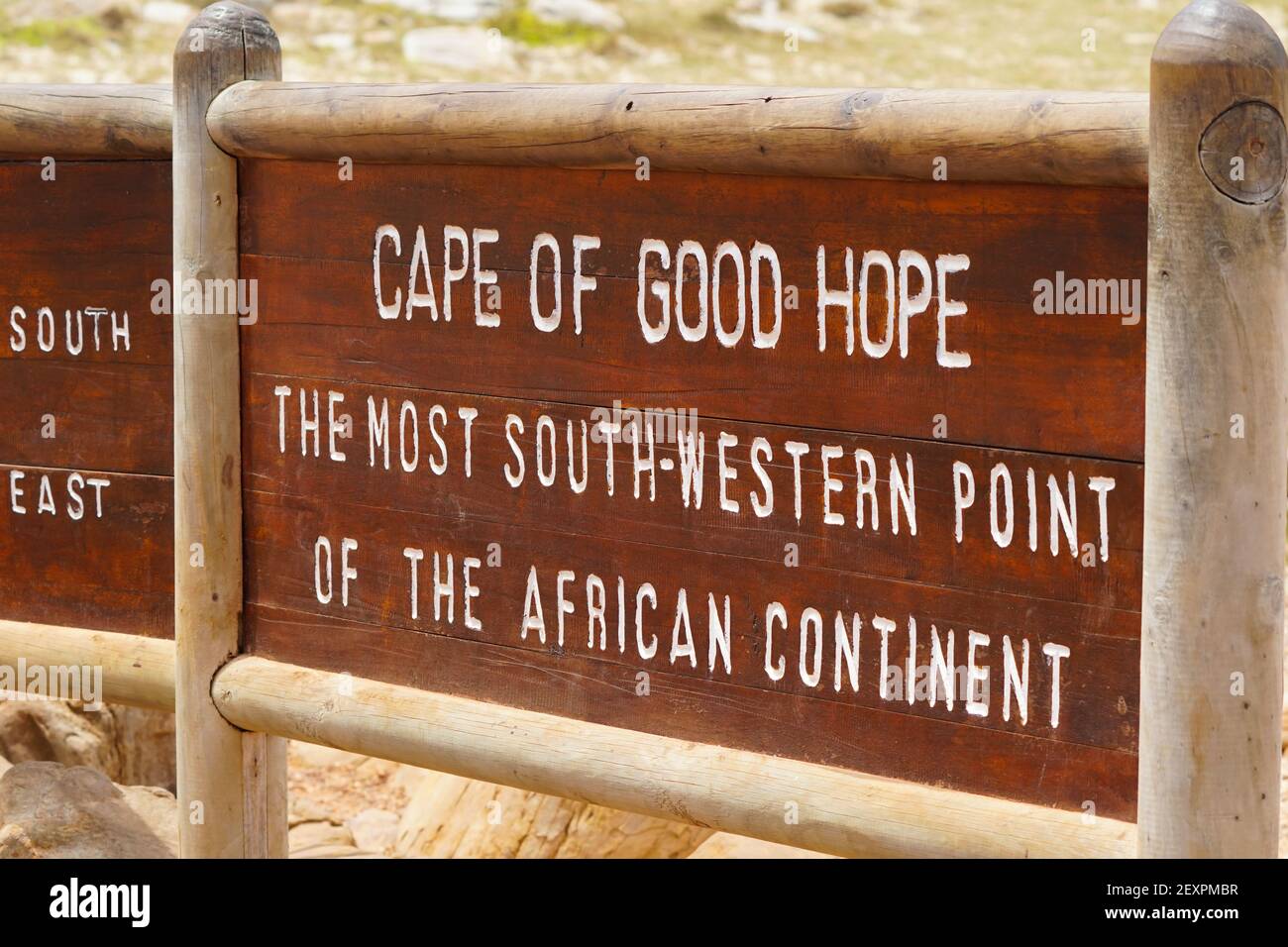 Cape of Good Hope sign board closeup which is a tourist attraction, tourist destination, place of interest at Cape Point nature reserve, South Africa Stock Photo