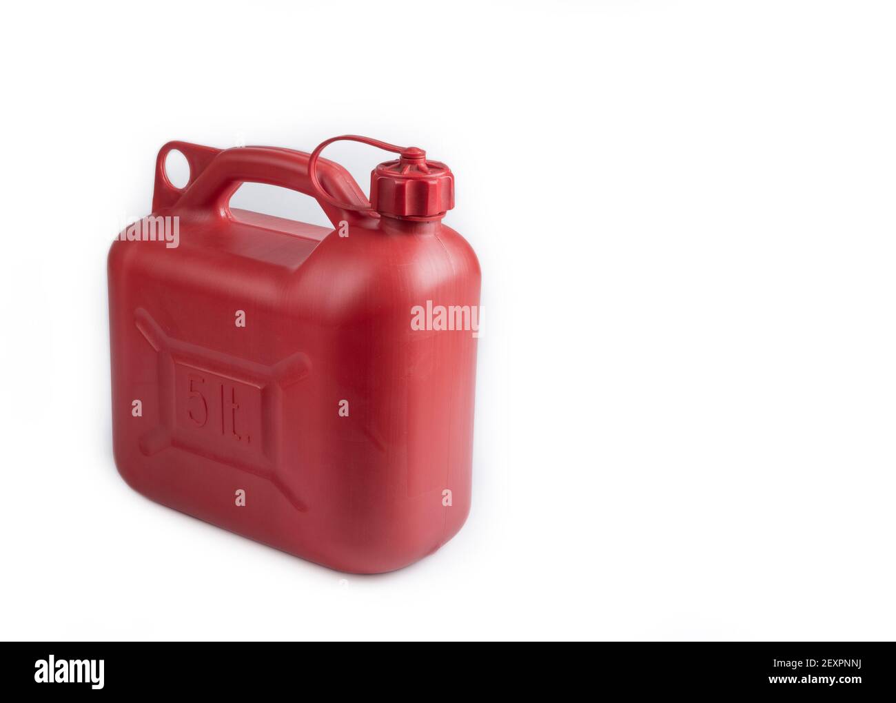 Plastic red 5 liter gas canister on a white Stock Photo