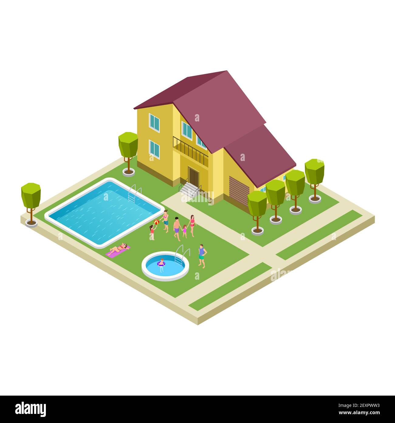 Isometric family resting in country hotel vector location Stock Vector