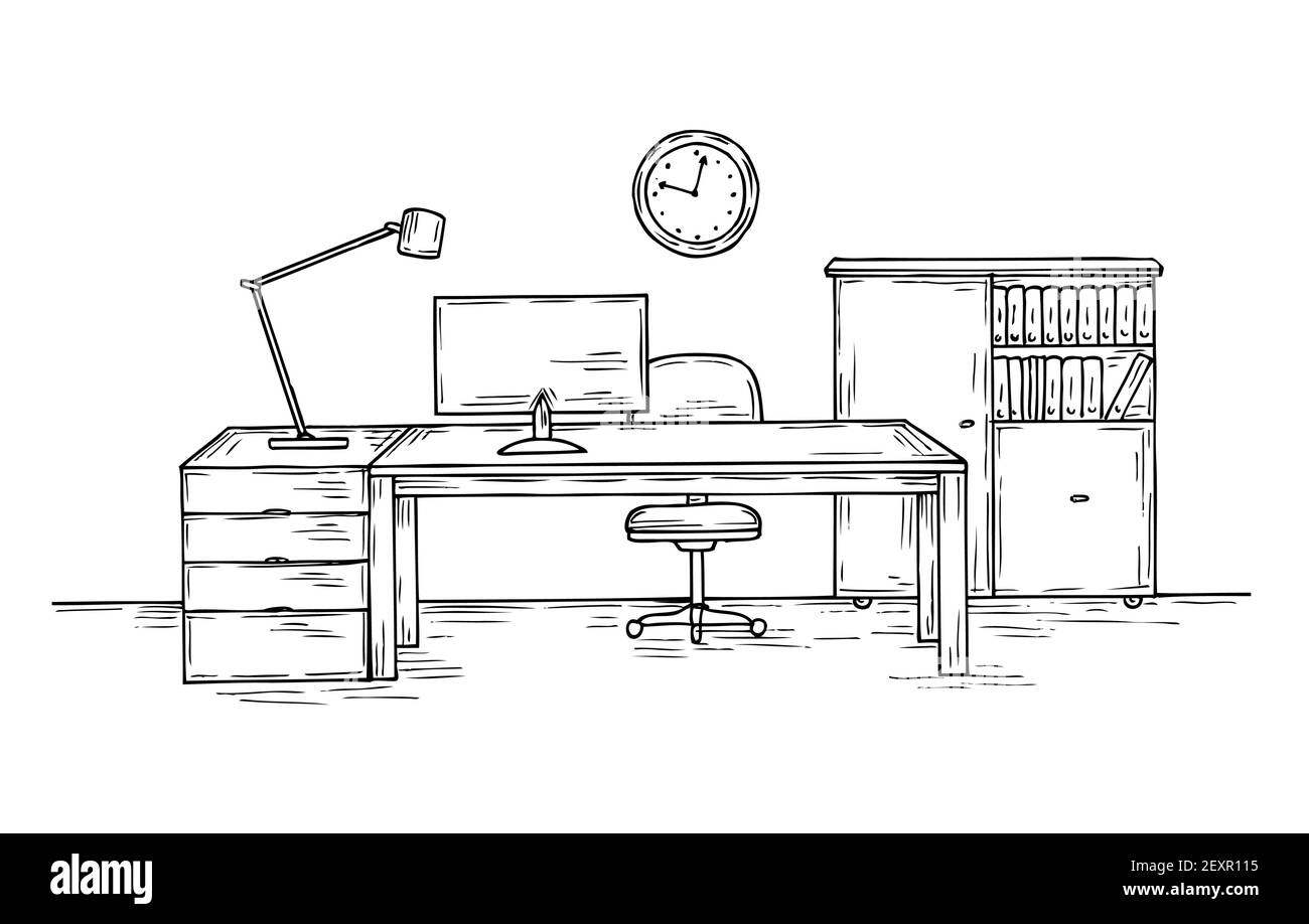 Sketch the room. office chair, desk, various objects on the table. sketch  workspace. vector illustration. | CanStock