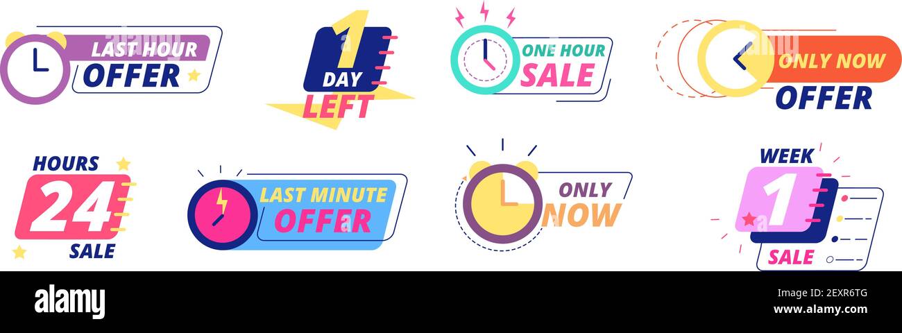 Sale countdown badges. Last day, hour and minute offer labels with clock icons. Big deal limited sale announcement stickers vector set Stock Vector