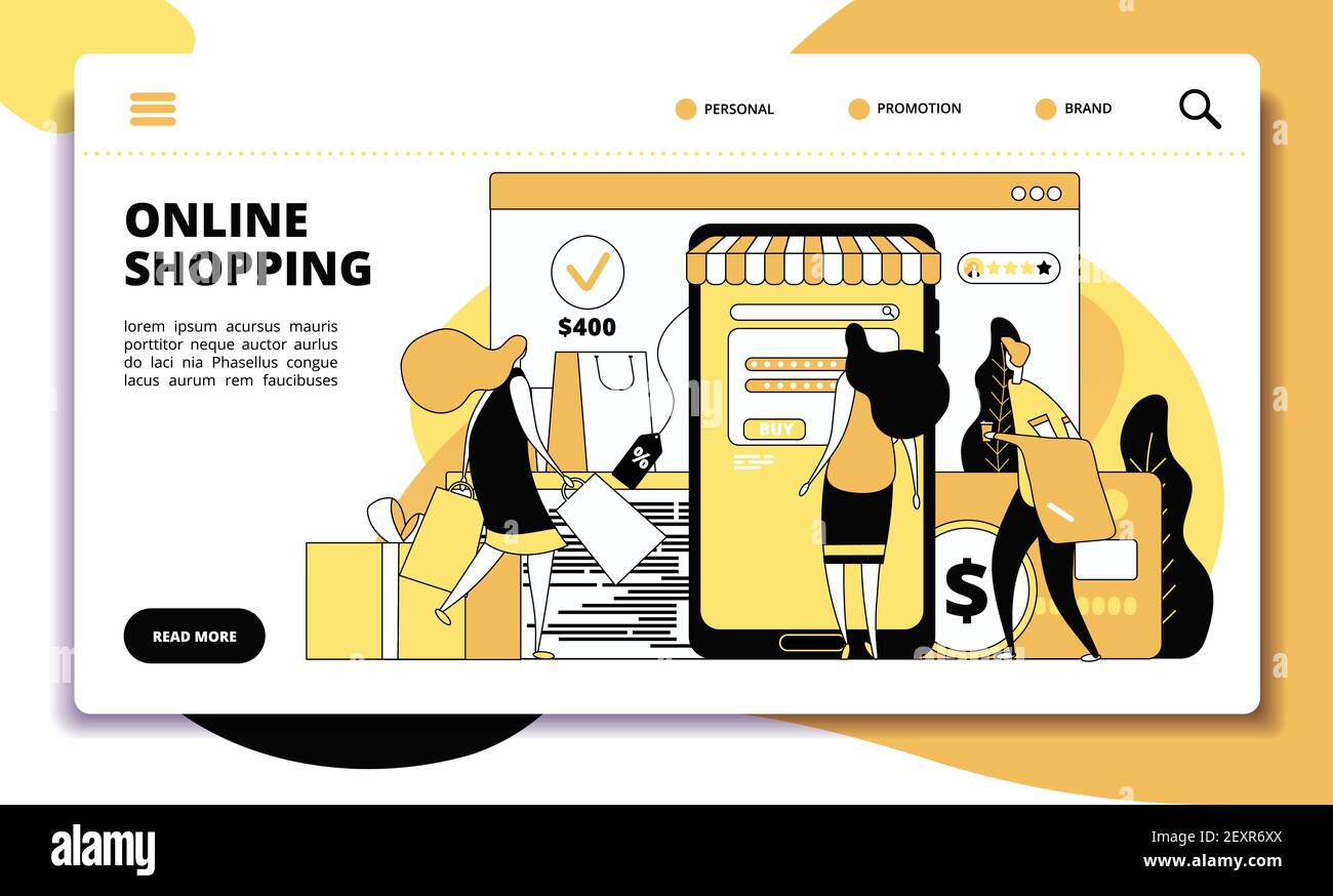 Online shopping landing page. Ecommerce sales, people with smartphone doing internet payment in on-line store. Website vector concept Stock Vector