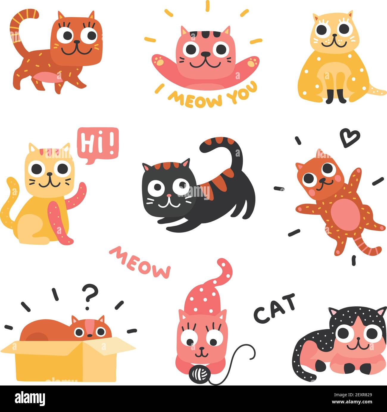 Cartoon cats. Funny kittens of different colors, funny lazy cat characters. Lovely playful pets, home animals vector set Stock Vector