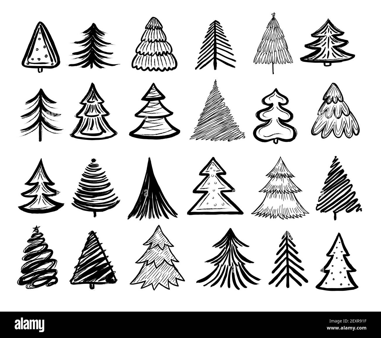 Sketch fir tree. Christmas trees scribble pen drawn holiday decoration. Vintage doodle graphic vector isolated collection. Paintbrush sketch, christmas tree pencil illustration Stock Vector