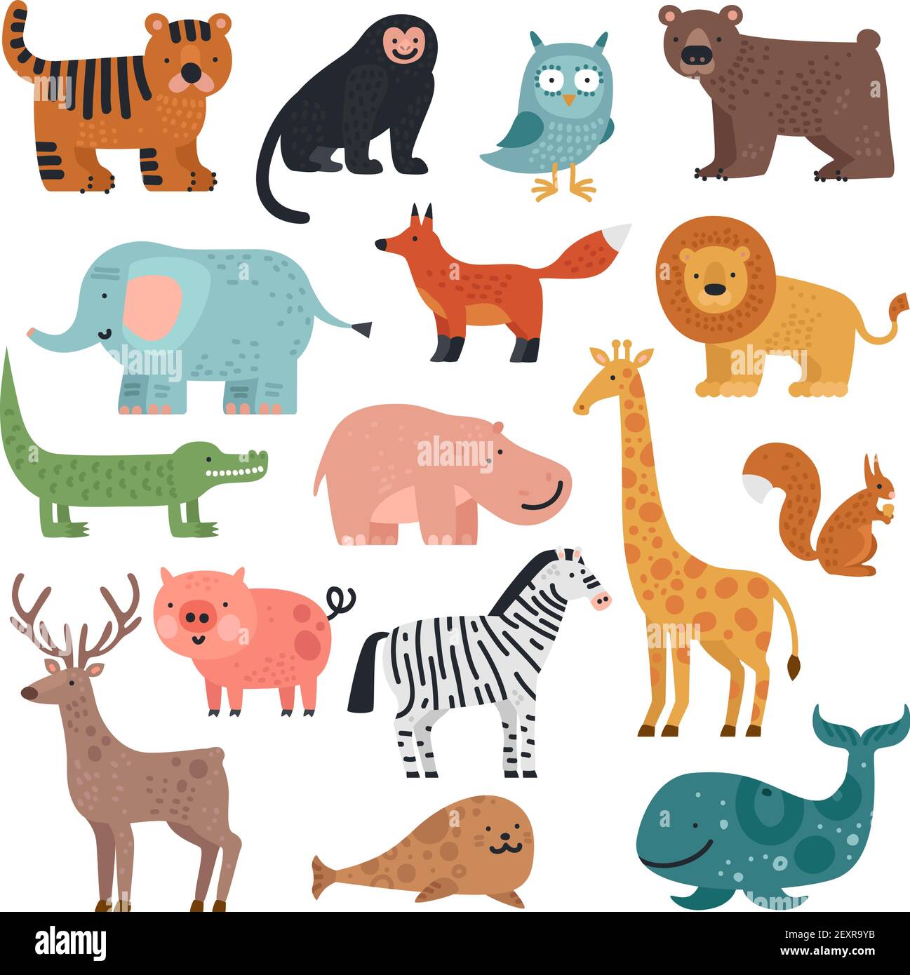 Cartoon animals. Tiger, monkey and bear, elephant and lion, crocodile and  deer, hare forest and tropical cute animal vector set. Monkey and deer,  reptile and bear illustration Stock Vector Image & Art -