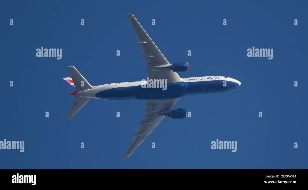 5 March 2021. British Airways Boeing 777 early morning flight departs from London Heathrow to