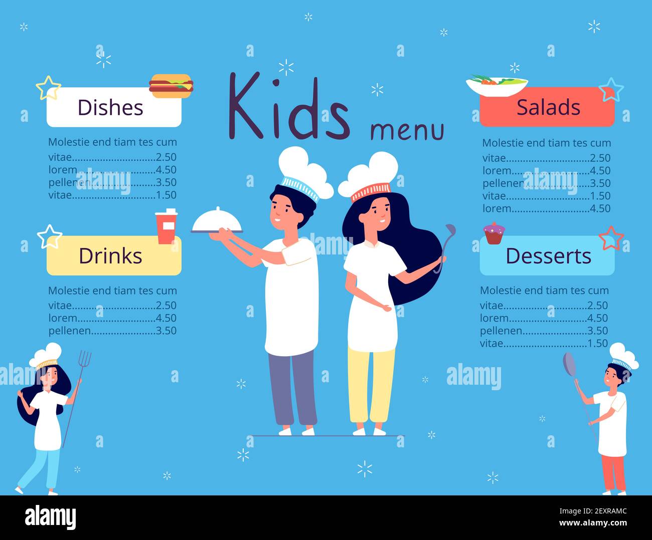Kids menu. Children in chef hat cooking food in kitchen. Restaurant brochure cover cartoon vector design template. Child menu, childish chef cooking in restaurant illustration Stock Vector