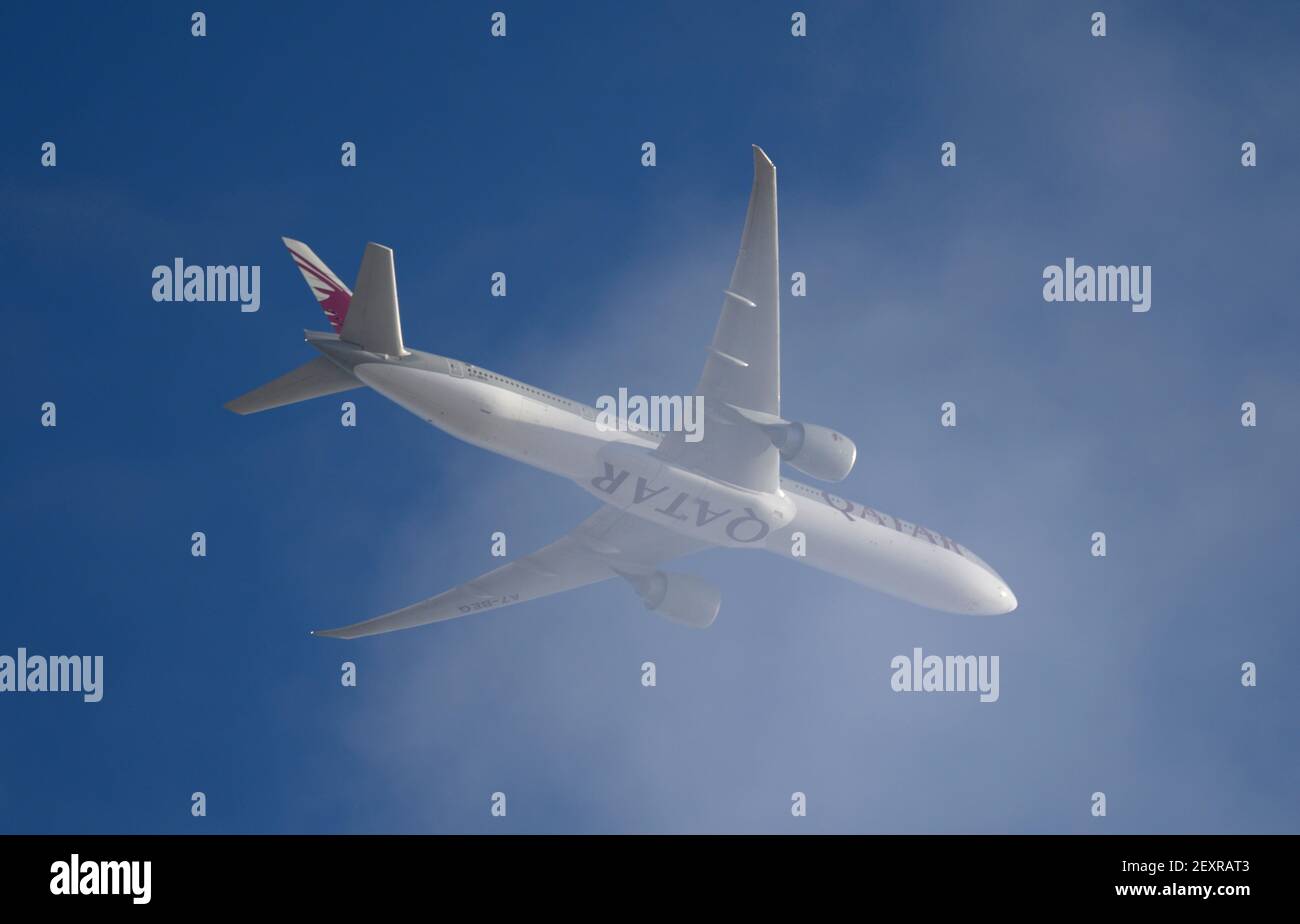 5 March 2021. Qatar Airways Boeing 777 early morning flight departs from London Heathrow to Doha