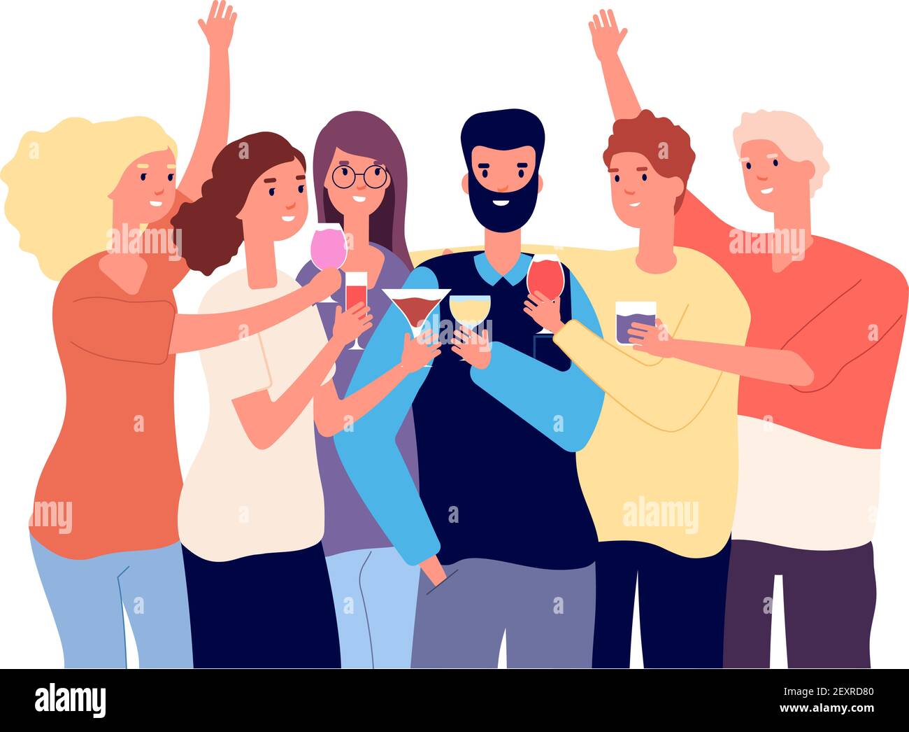 Drinking friends. Group of funny guys clink glasses with alcohol drinks and make toast. Christmas celebration vector flat concept. Illustration happy friend cheers drink alcohol Stock Vector