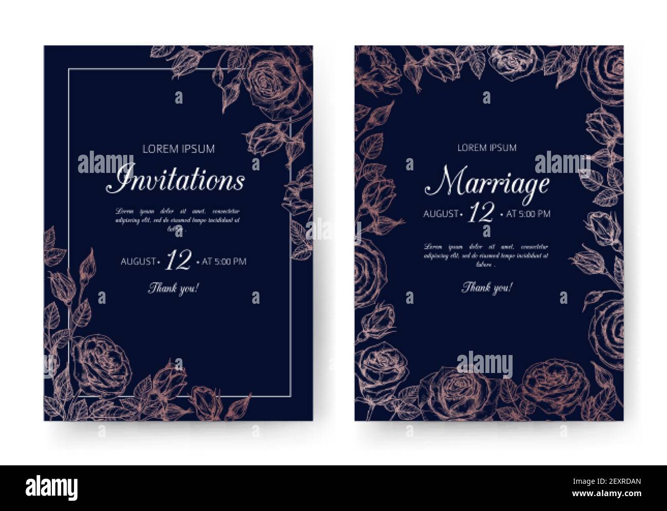 Wedding invitation. Floral wedding cards with rose frame in victorian engraving style. Vintage vector flyers. Wedding invitation poster in black colored, border floral frame illustration Stock Vector