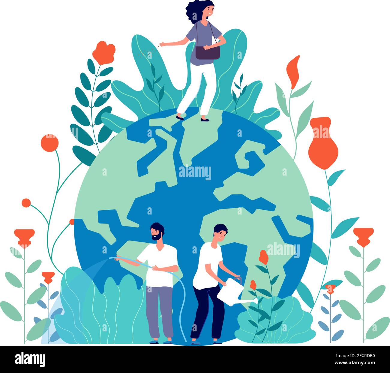 People take care earth. Volunteers cleaning green planet, planting and watering flowers, globe ecological idea, poster vector concept. Illustration ecology world, nature planet and volunteering Stock Vector
