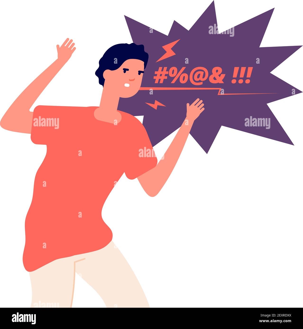 Man expressing anger. Irritated character, angry screaming man. Aggressive frustrated person swears in face, vector concept. Person angry, anger young stress expression illustration Stock Vector