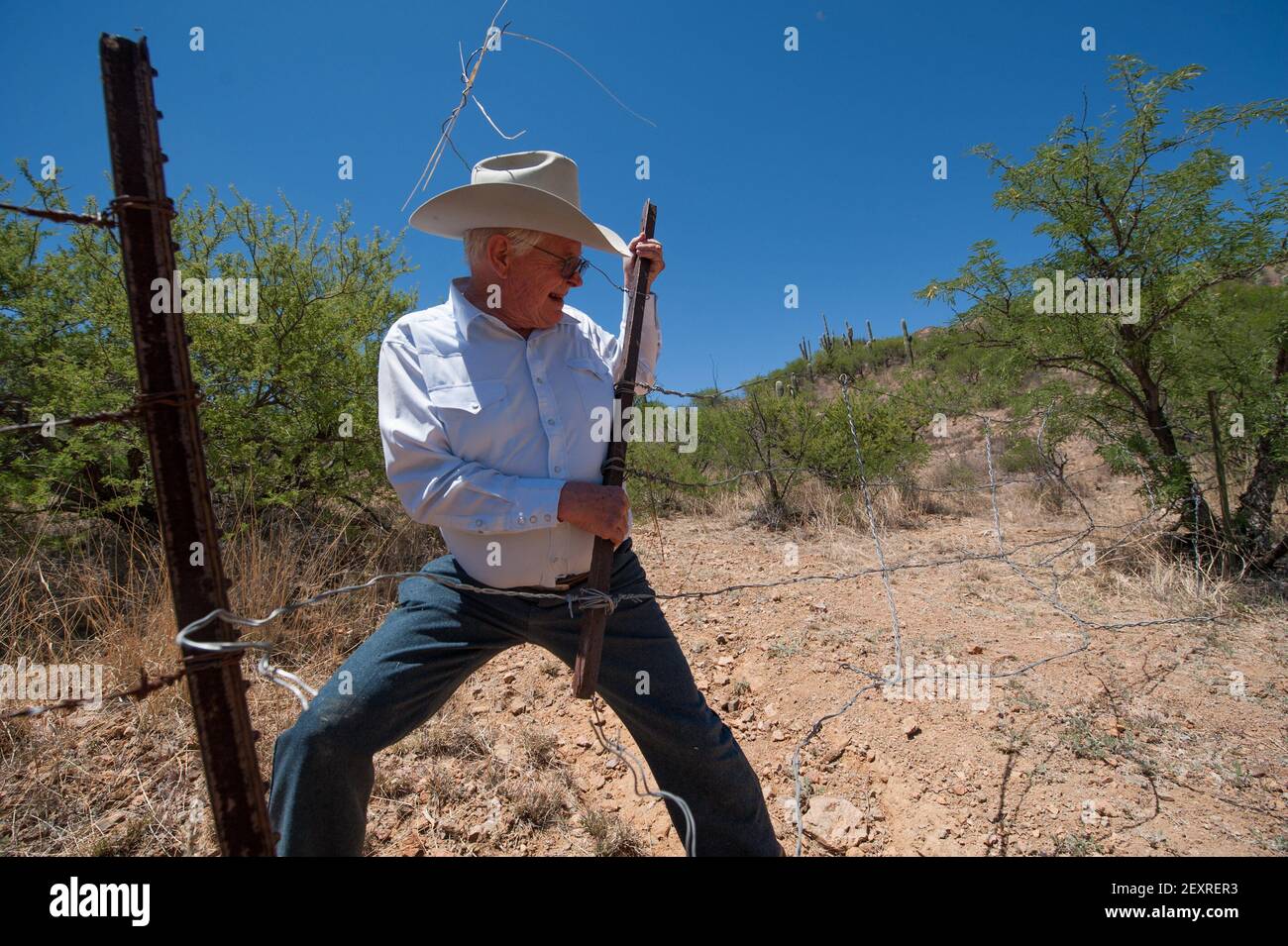 Arizona border rancher James Chilton repairs a fence on his ranch near ...