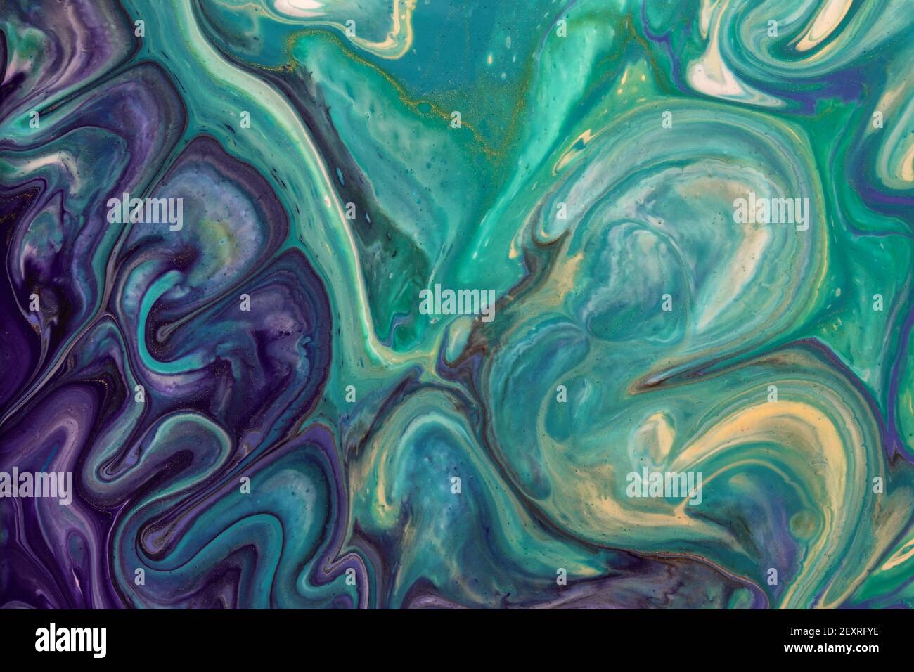 Abstract fluid art background dark purple and green colors. Liquid ...