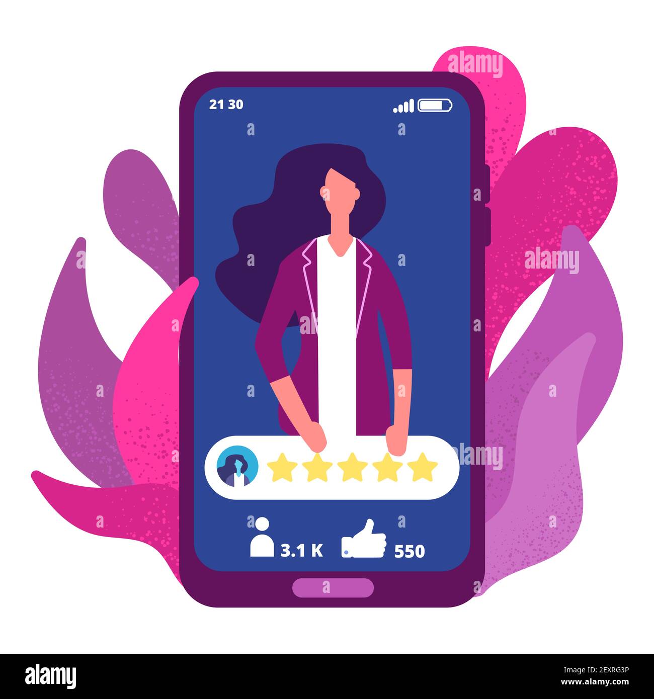 Five stars rating. Woman have high rating online app vector concept. Illustration feedback five star, rating online person Stock Vector