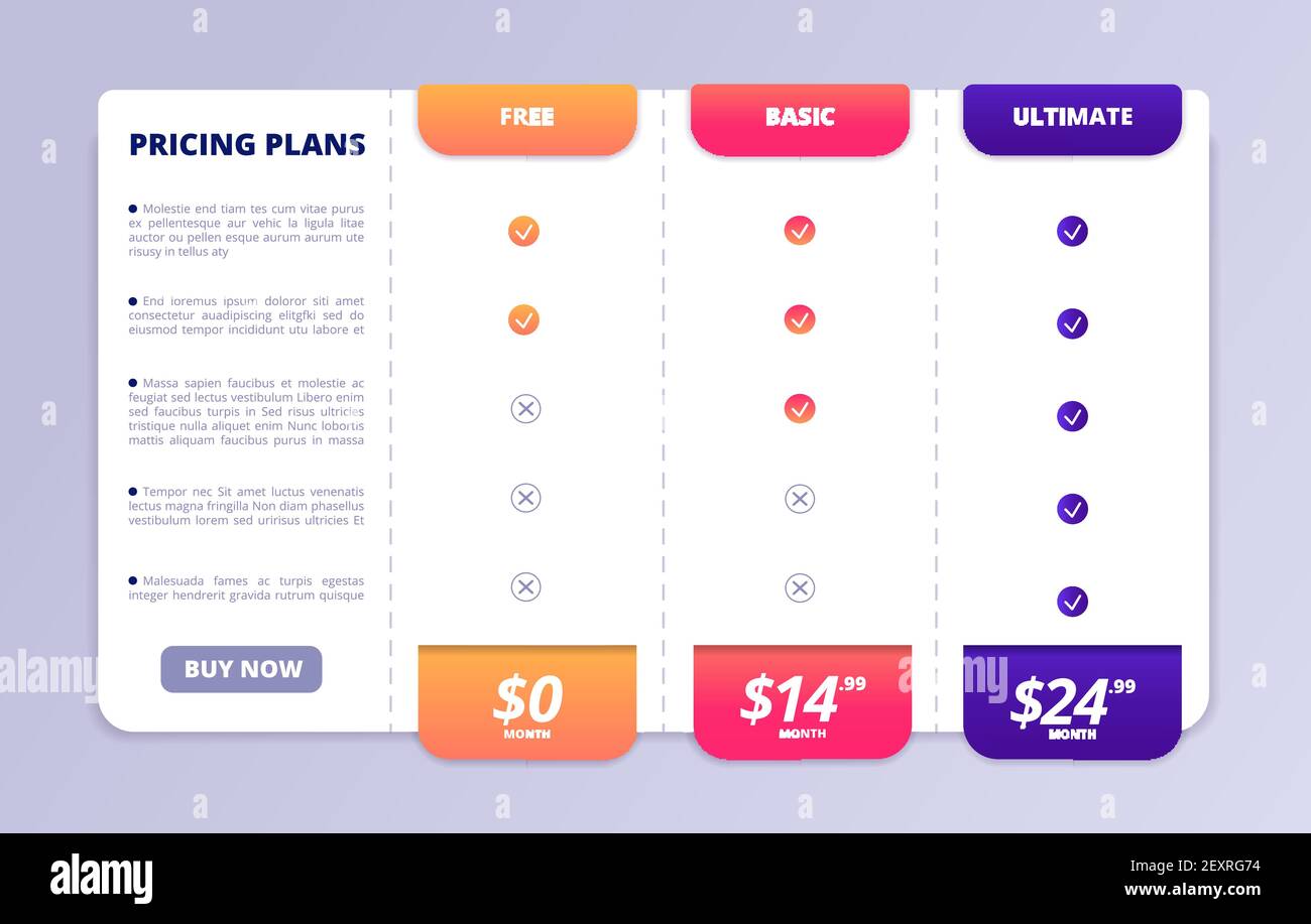 Pricing tab. Web pricing table, price list page. Comparison menu of finance services, tabbing checklist business vector template. Illustration price tab, comparison page hosting, interface plan Stock Vector