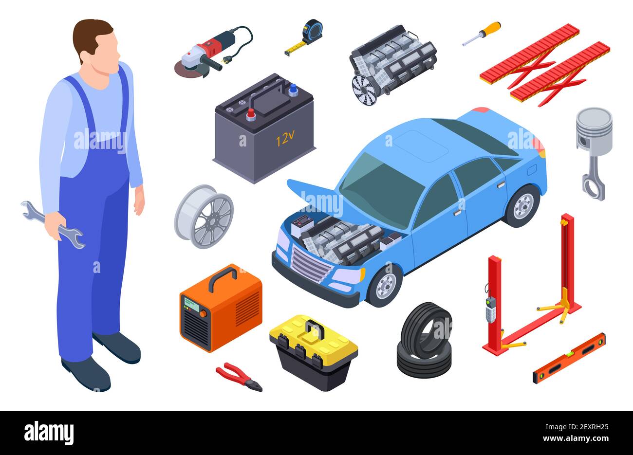 Auto mechanic car tool. Isometric auto industrial equipment, vector elements. Auto car repair service, illustration vehicle mechanic Stock Vector Image & Art - Alamy