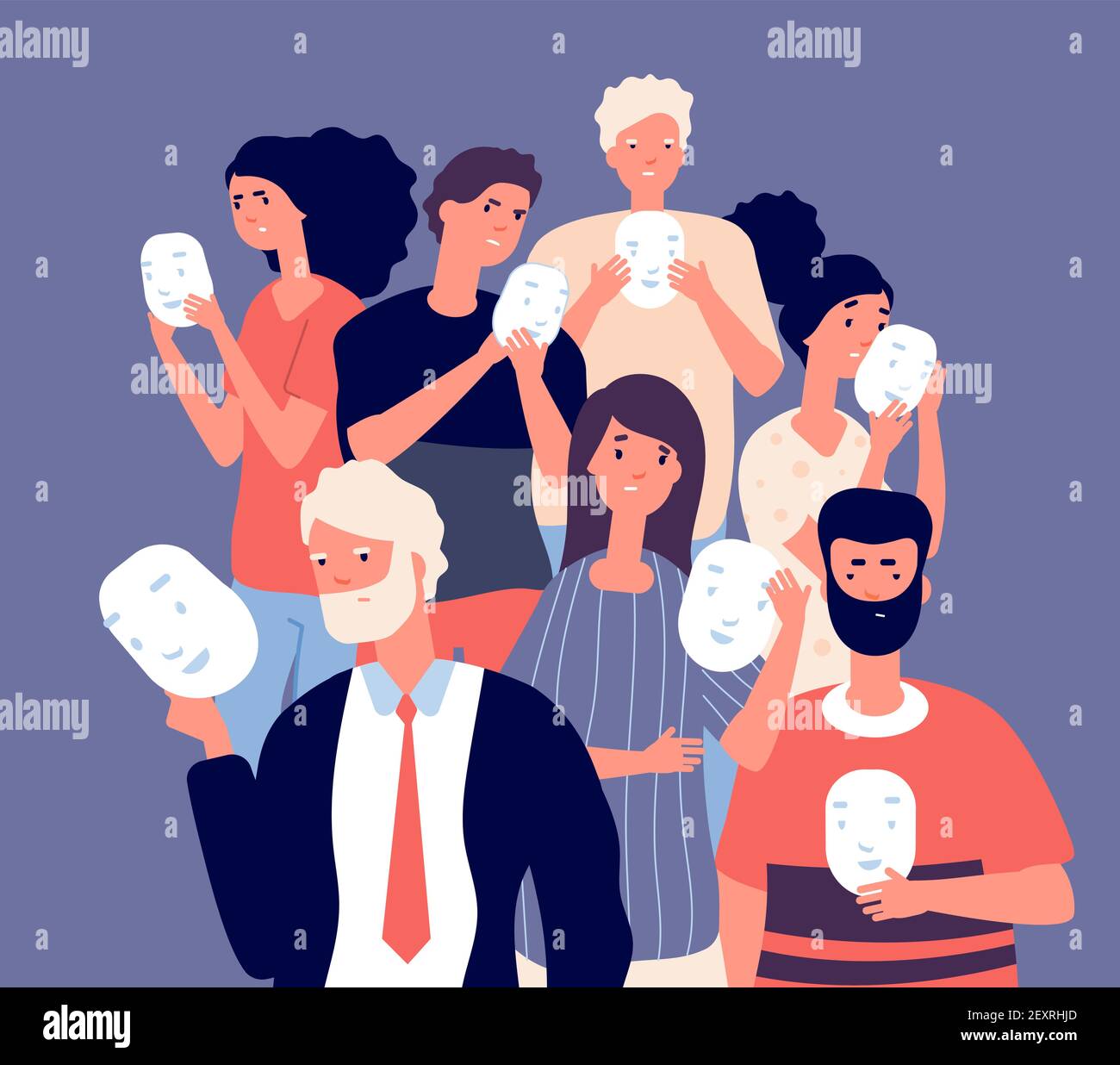 People covering faces with masks. Group of persons hide negative face emotion behind positive mask, fake individuality vector concept. Illustration hypocrisy anonymous, hiding sincerity and illusion Stock Vector