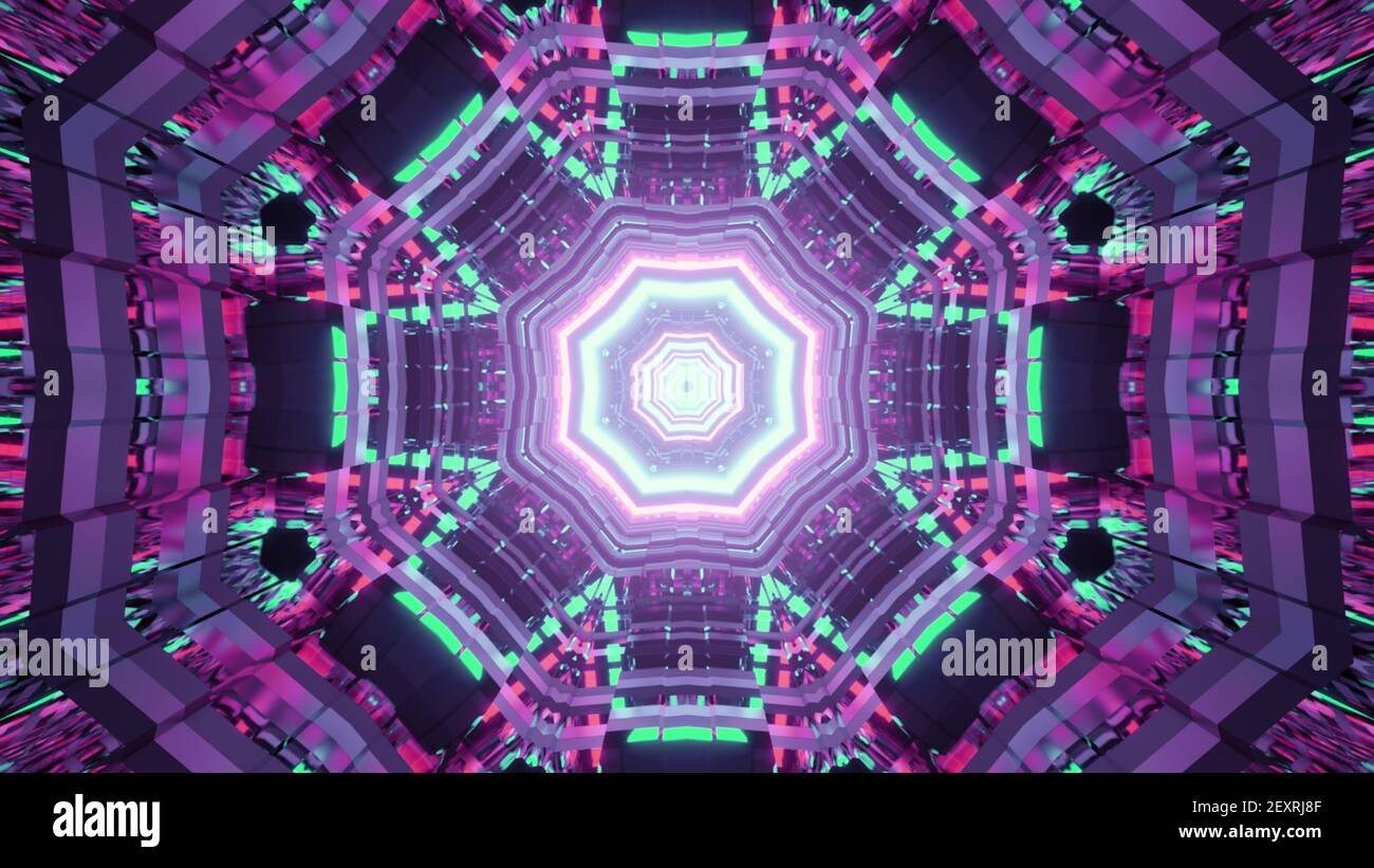 Neon tunnel 3D illustration with abstract ornament Stock Photo - Alamy