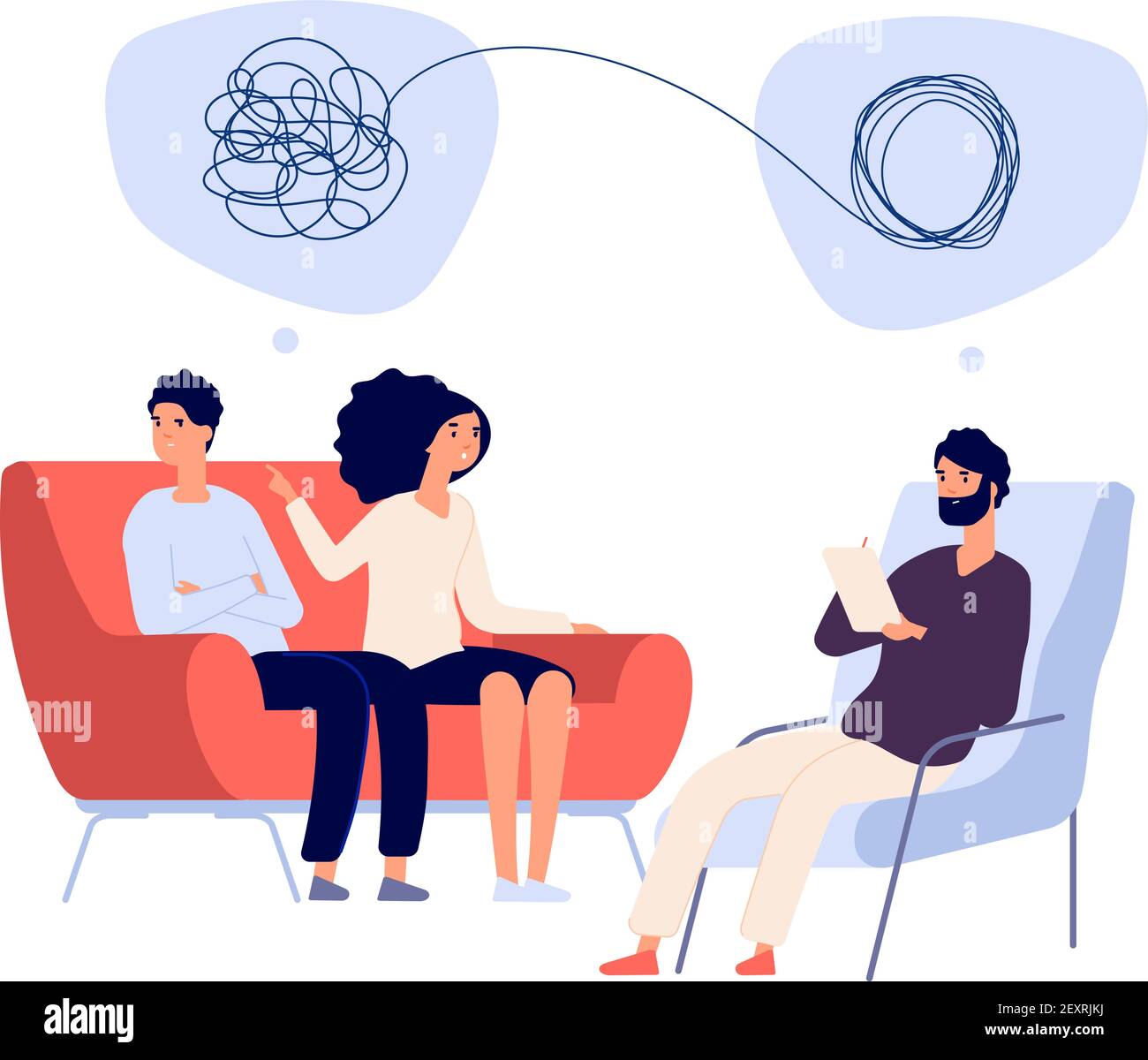 Psychotherapy concept. Psychologist doctor helps patient to unravel tangled thoughts. Psychological problems, mental treatment vector. Illustration couple woman and man counselling psychiatrist Stock Vector