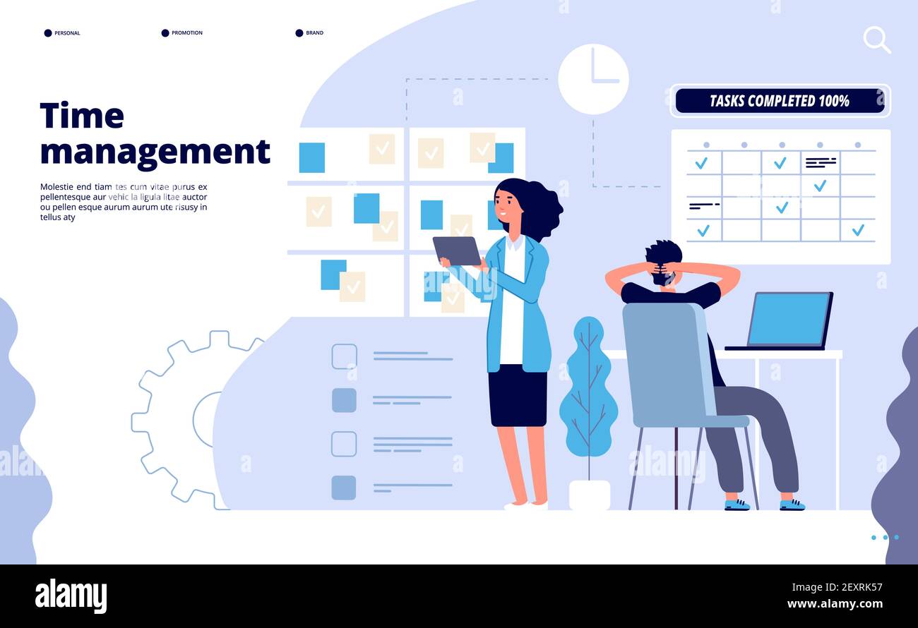 Effective time management. Business planning, office teamwork solution. Perfect priority scheduling app vector landing page template. Teamwork management, office work strategy time illustration Stock Vector