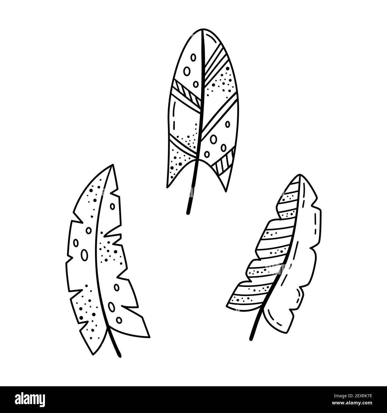 A set of doodle illustrations of bright cartoon feathers. A set of elements for the design. Stock Vector