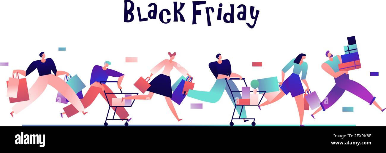 People on black friday. Happy shoppers with bags run for shopping, discount sales promotion and shopaholic vector concept. Shopper run to do purchase, discount shopping illustration Stock Vector