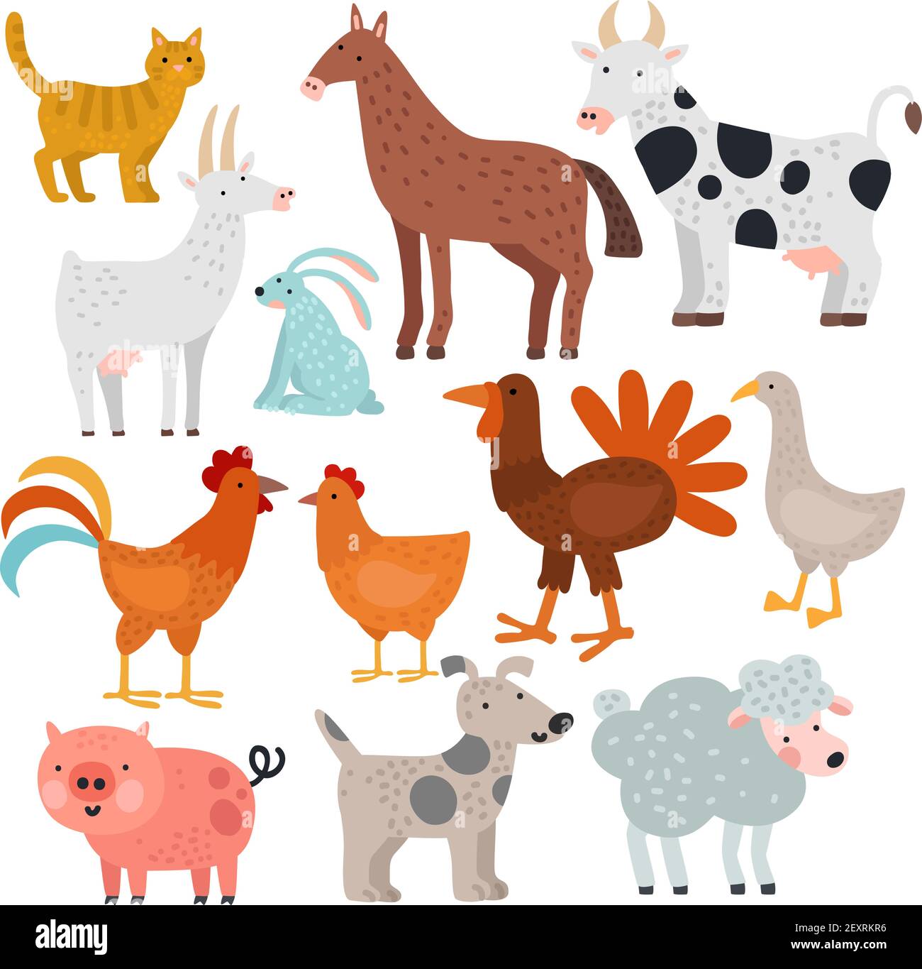 Farm animals. Cow, horse and rabbit, dog and turkey, sheep and pig, cock  and chicken, goat and cat, goose vector cartoon isolated set. Illustration  cow and pig, rabbit and goat, horse and