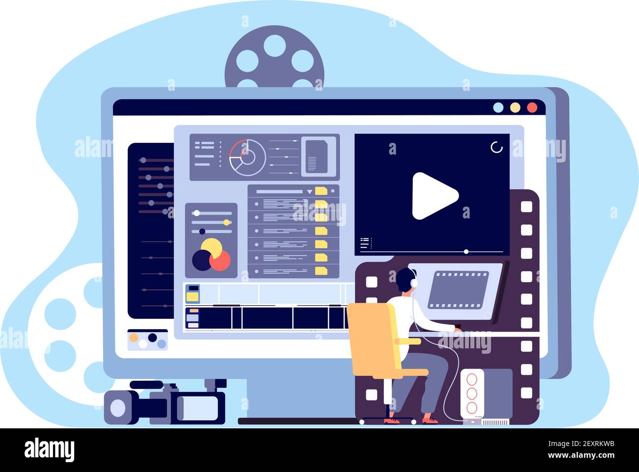 Video editor concept. Multimedia content production and footage editing. Making web page shoot, studio filmmaking vector design. Illustration production film, video content, making and shooting Stock Vector