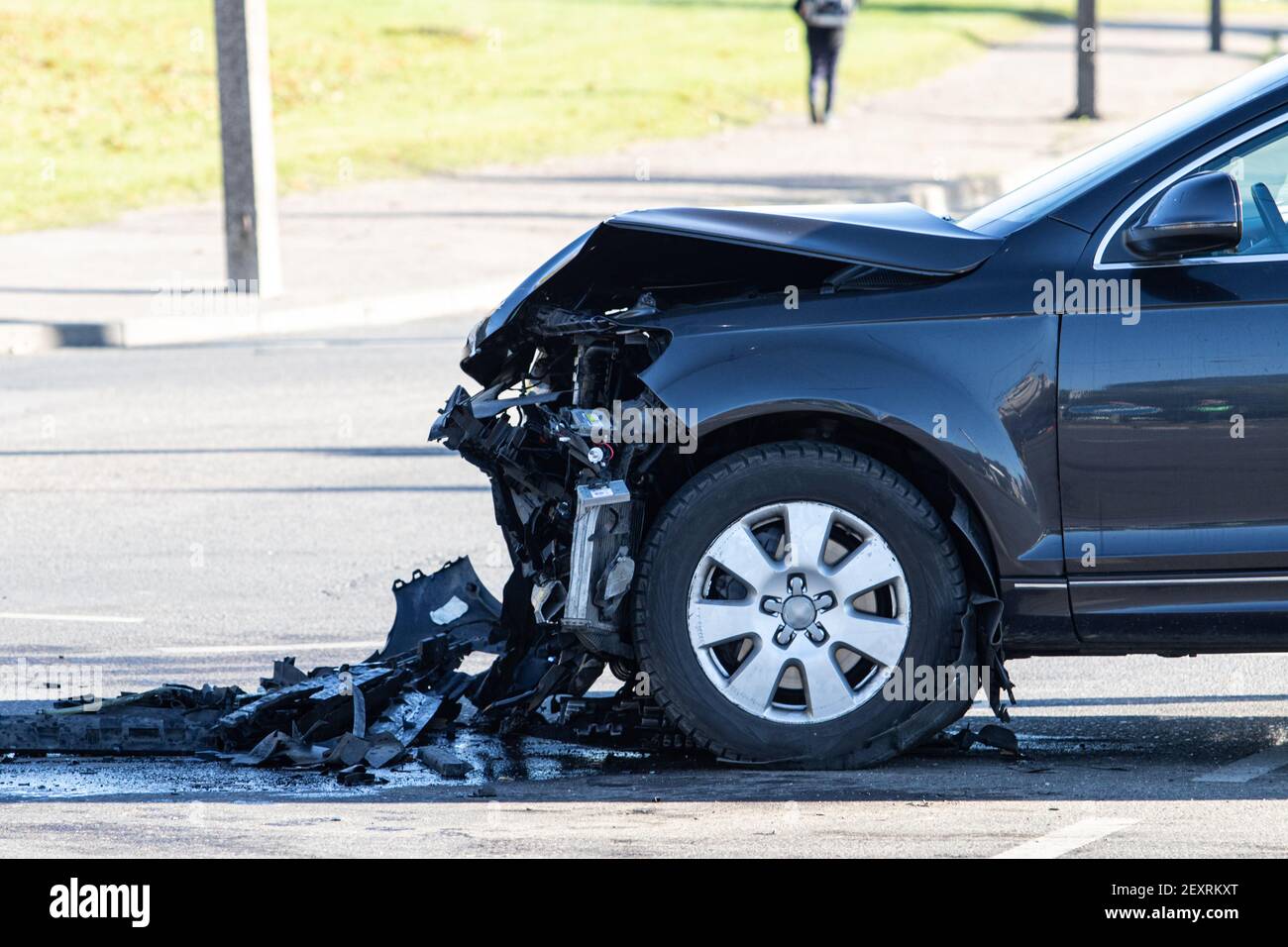 Car accident in the street. Smashed auto after car collision Stock Photo