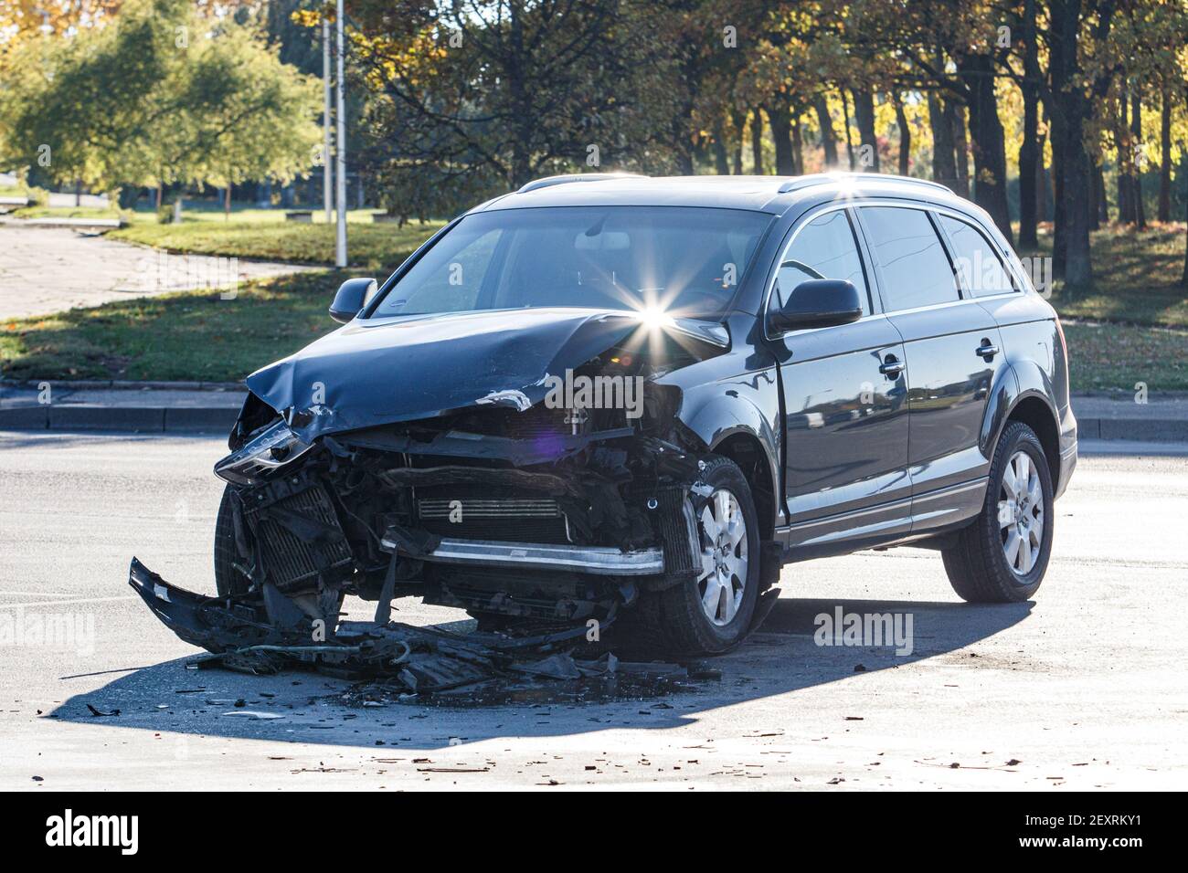 Car accident in the street. Smashed auto after car collision Stock Photo