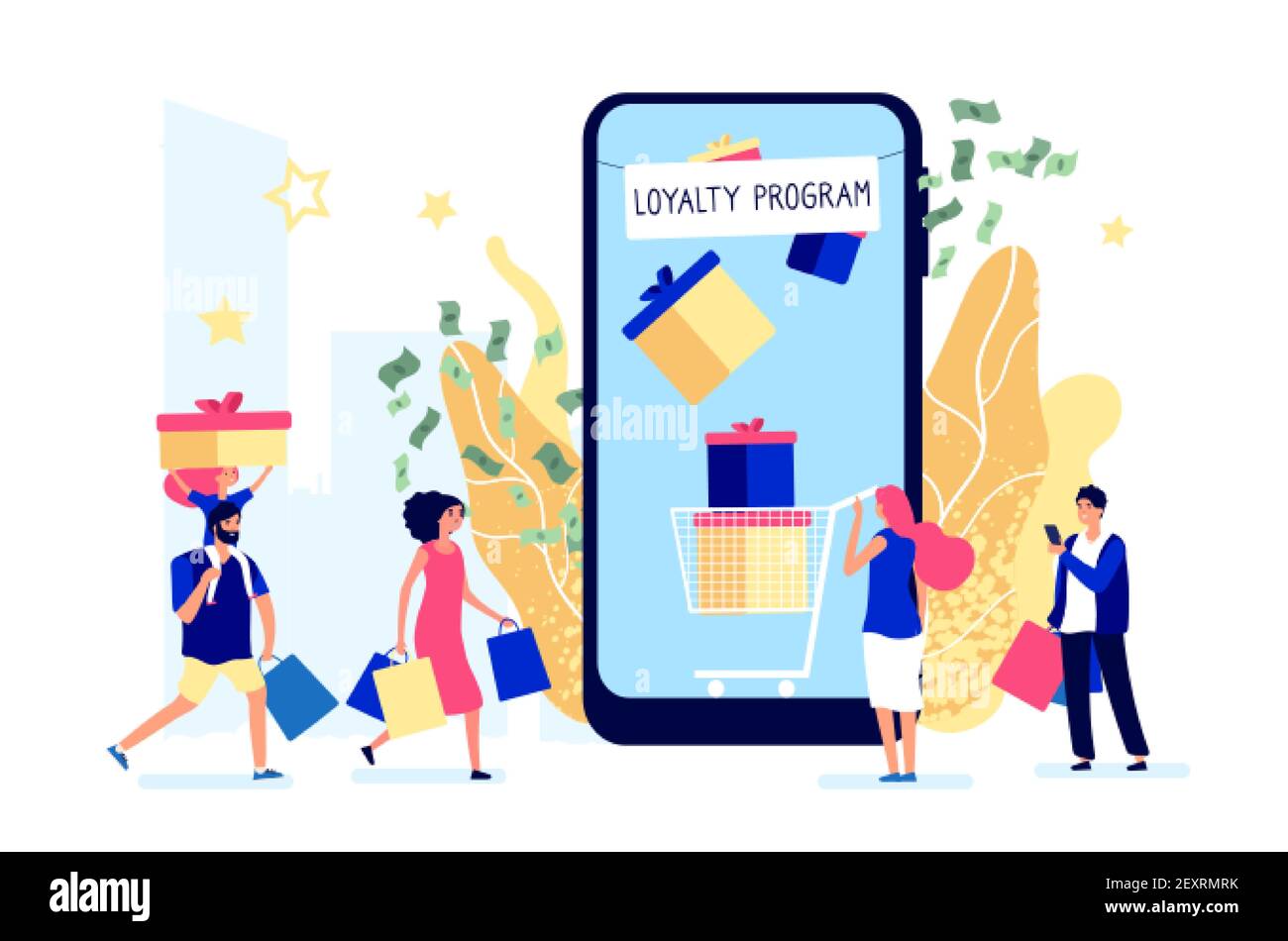Loyalty program. Promotion, reward, gift for buy vector illustration. Flat happy shopping people characters. Business commerce loyalty, gift offer and discount Stock Vector