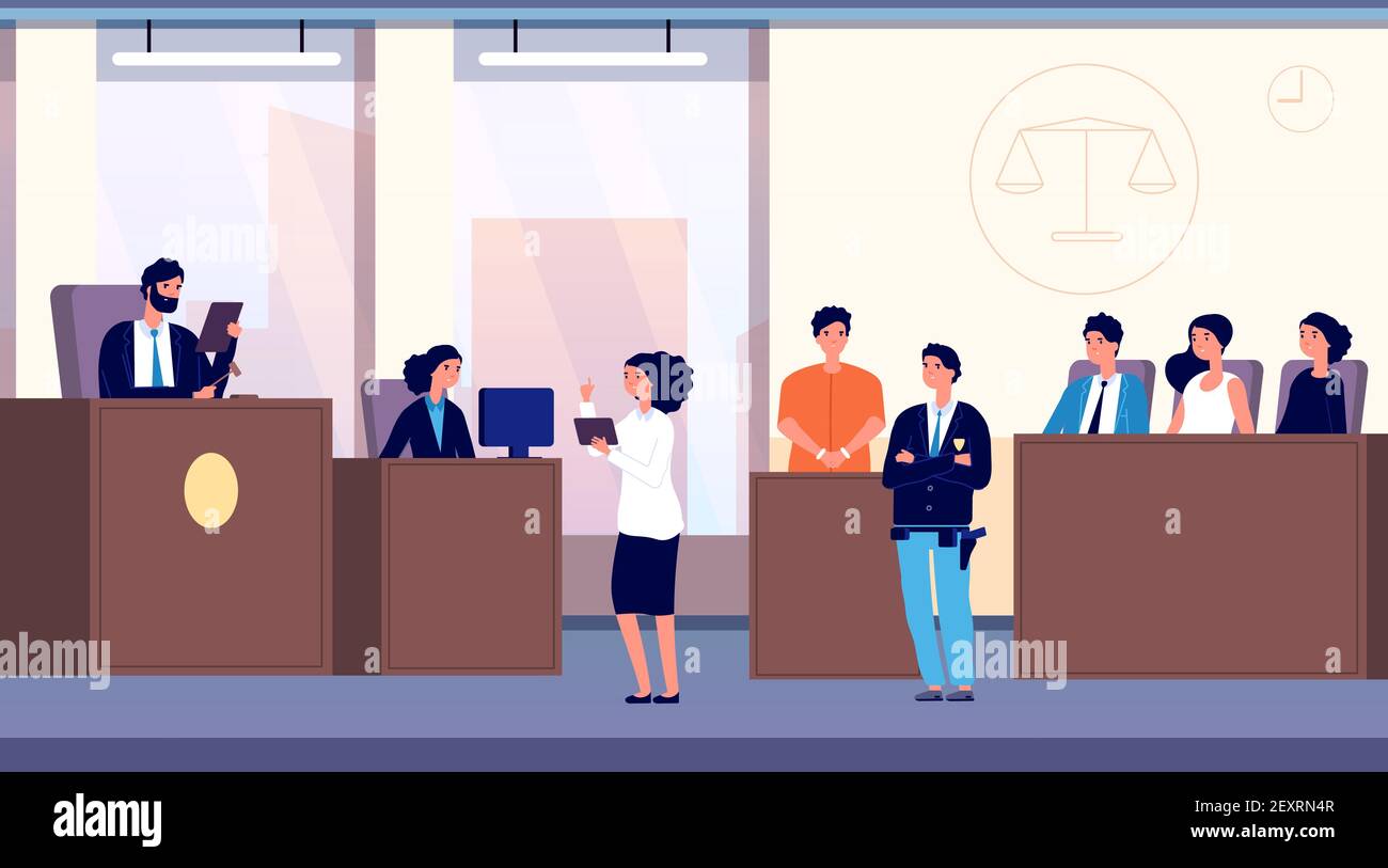 Courtroom. Judge, lawyer and criminal with police officer take part in jury trial. Justice and law vector concept. Illustration justice, judge and lawyer, jury in courtroom Stock Vector