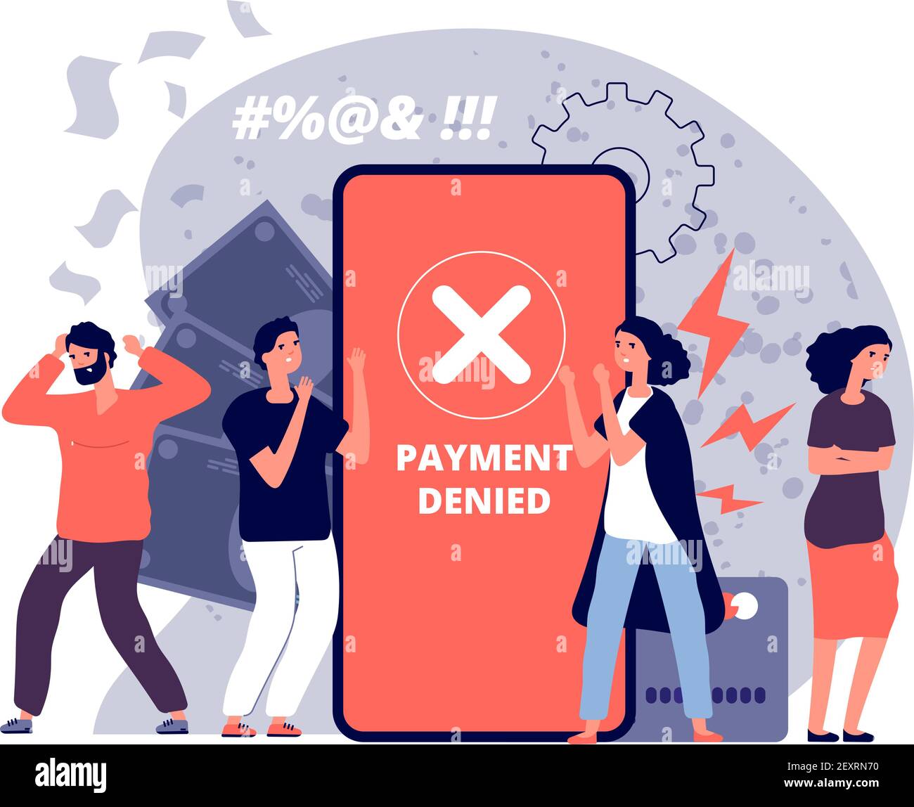 Payment error. Online card payments money transfer, check and reject web finances payment, customer cross marks failure vector concept. Illustration online card payment screen, transfer money error Stock Vector