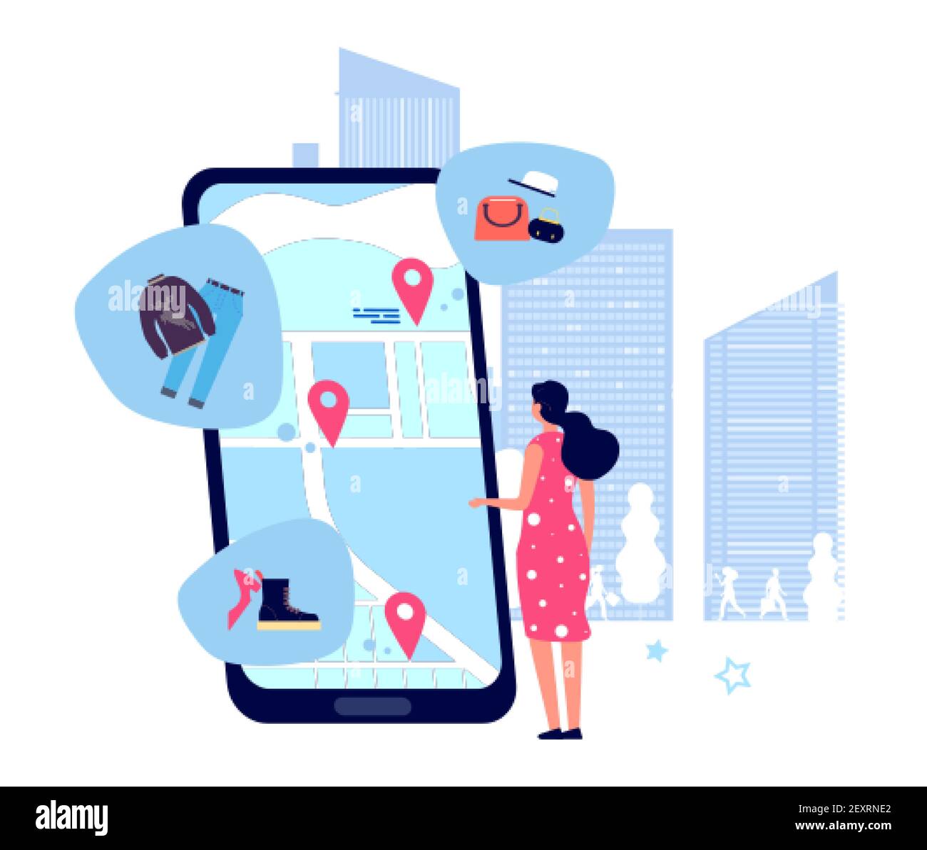 Shopping guide app. Fashion store buyer vector character. Flat girl looking for shops on the map. Illustration mobile app location gps online for shopping Stock Vector