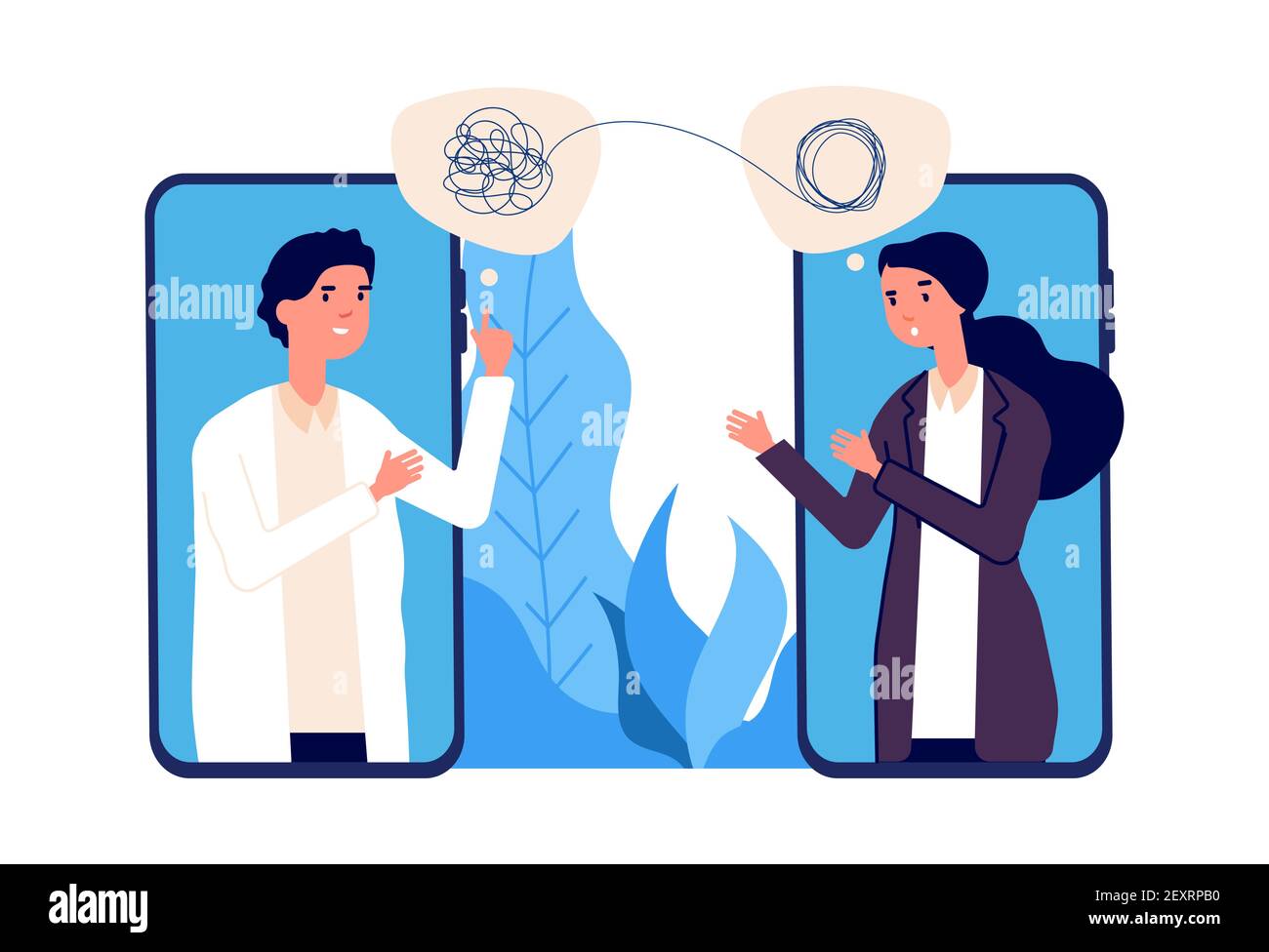 Online psychotherapy concept. Psychologist doctor helps patient to unravel tangled thoughts. Psychological problems, mental disorder. Online help vector illustration. Online psychiatrist consultation Stock Vector
