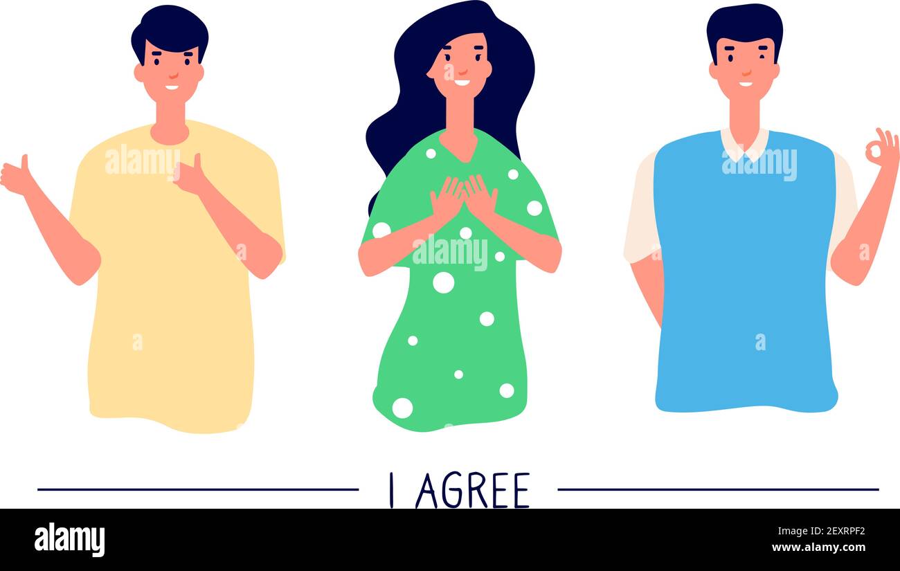 People with positive gestures. Smiling men and woman with positive emotion show okay and like gesture. Consent and approval vector set. Thumb finger successful gesture, agree mute illustration Stock Vector