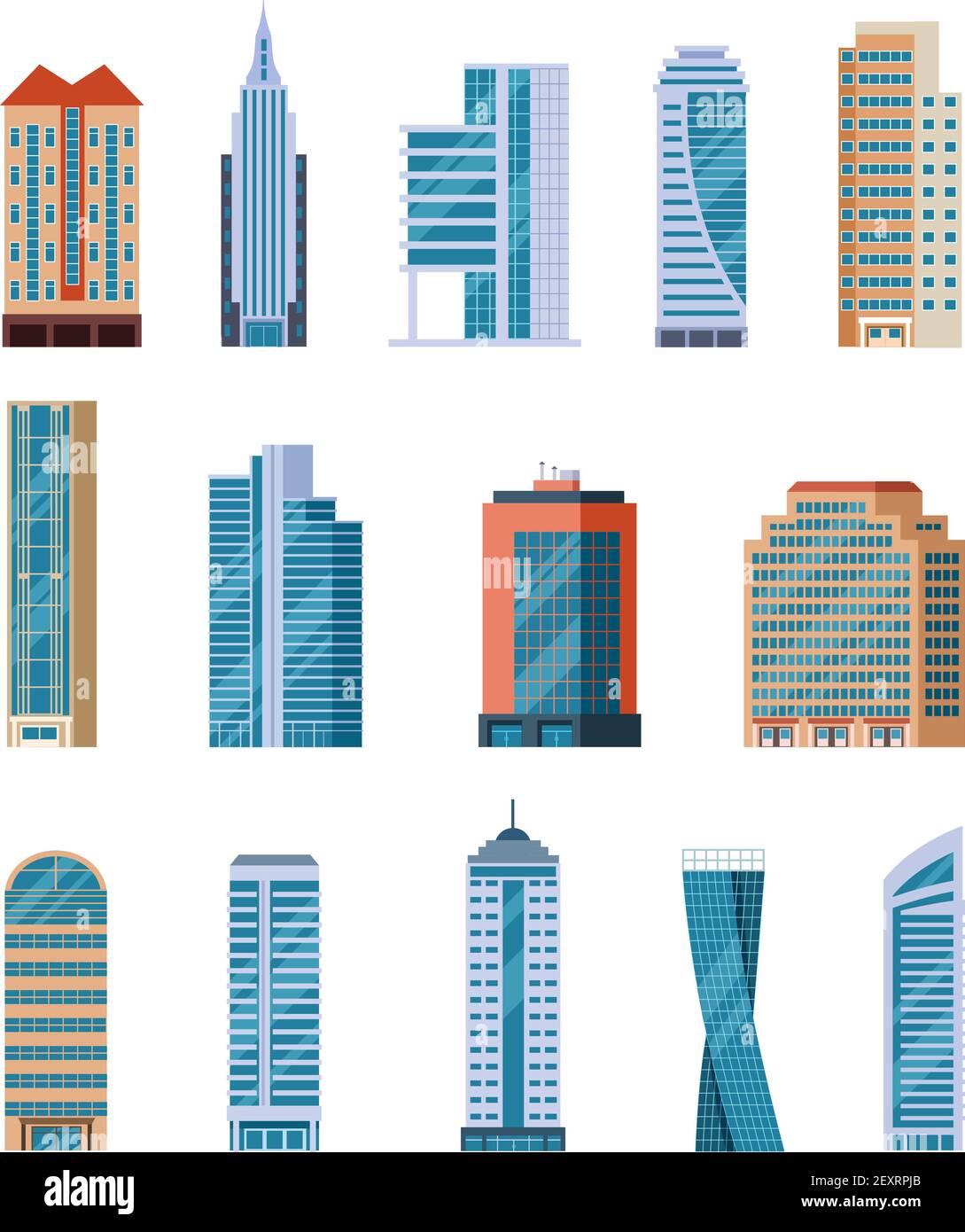 Flat skyscrapers. Modern city tall buildings. Residential and office houses exterior. Apartment blocks isolated cartoon vector set. Illustration skyscraper construction, tall building architecture Stock Vector